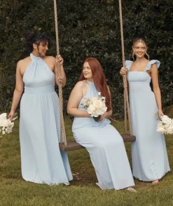 Halter Neck Pleated Waist Chiffon Bridesmaid Dress - Cornflower Blue
