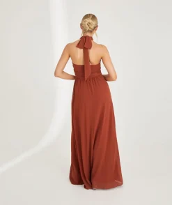 Halter Neck Pleated Waist Chiffon Bridesmaid Dress - Rust