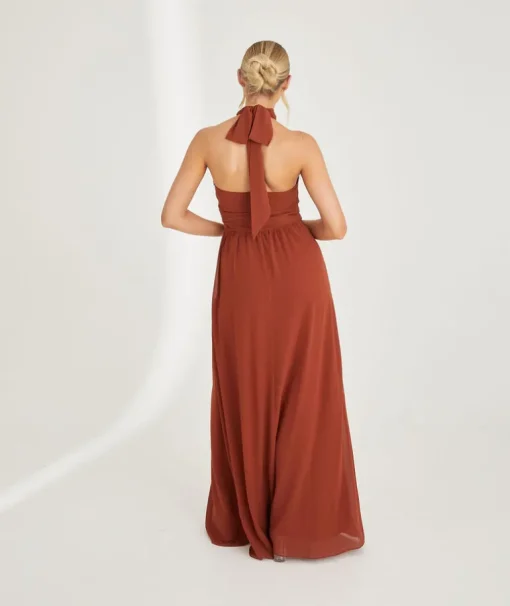 Halter Neck Pleated Waist Chiffon Bridesmaid Dress - Rust