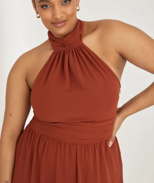 Halter Neck Pleated Waist Chiffon Bridesmaid Dress - Rust