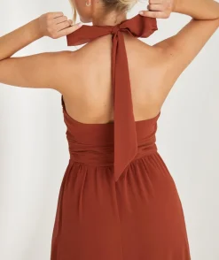 Halter Neck Pleated Waist Chiffon Bridesmaid Dress - Rust