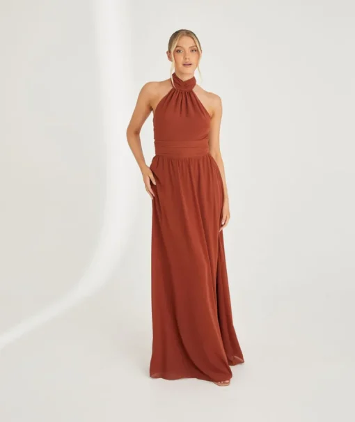 Halter Neck Pleated Waist Chiffon Bridesmaid Dress - Rust