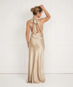 Halter Neck Satin Bridesmaid Dress - Champagne