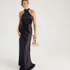 Halter Neck Satin Bridesmaid Dress - Black