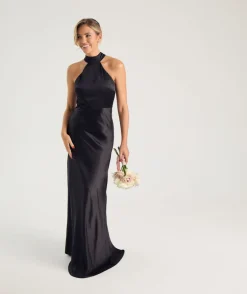 Halter Neck Satin Bridesmaid Dress - Black