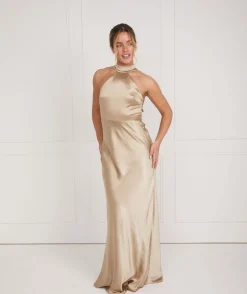 Halter Neck Satin Bridesmaid Dress - Champagne