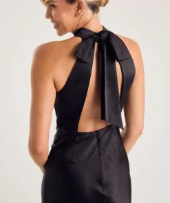 Halter Neck Satin Bridesmaid Dress - Black