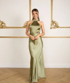 Halter Neck Satin Bridesmaid Dress - Moss Green