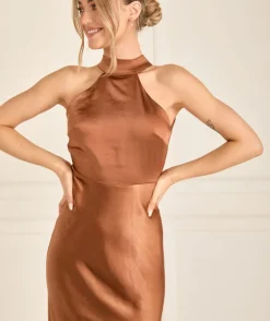 Halter Neck Satin Bridesmaid Dress - Rust