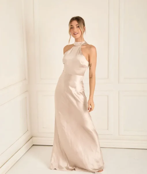 Halter Neck Satin Bridesmaid Dress - Oyster