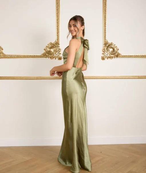 Halter Neck Satin Bridesmaid Dress - Moss Green
