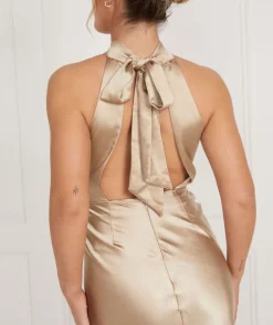 Halter Neck Satin Bridesmaid Dress - Champagne