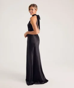 Halter Neck Satin Bridesmaid Dress - Black