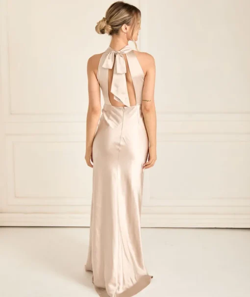 Halter Neck Satin Bridesmaid Dress - Oyster