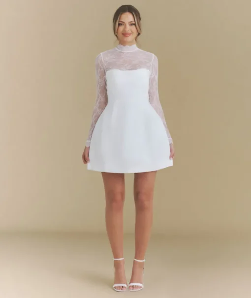 Lace Sleeve Cup Detail Mini Dress - White
