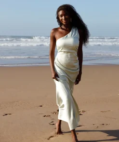 One Shoulder Gathered Satin Bridesmaid Dress - Pear Green