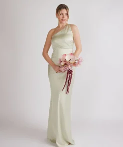 One Shoulder Gathered Satin Bridesmaid Dress - Pear Green