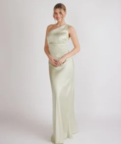 One Shoulder Gathered Satin Bridesmaid Dress - Pear Green