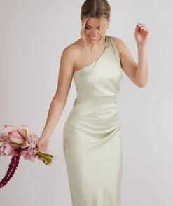 One Shoulder Gathered Satin Bridesmaid Dress - Pear Green