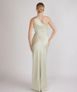 One Shoulder Gathered Satin Bridesmaid Dress - Pear Green