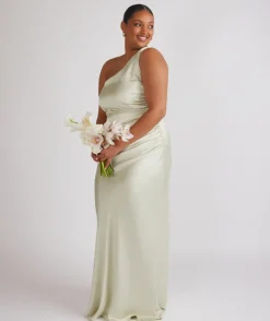 One Shoulder Gathered Satin Bridesmaid Dress - Pear Green