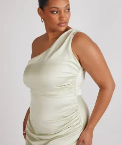 One Shoulder Gathered Satin Bridesmaid Dress - Pear Green