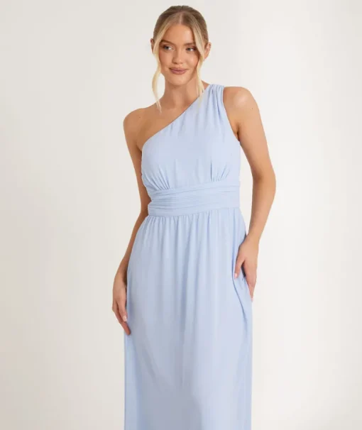 One Shoulder Pleated Waist Chiffon Bridesmaid Dress - Cornflower Blue