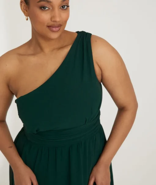 One Shoulder Pleated Waist Chiffon Bridesmaid Dress - Emerald