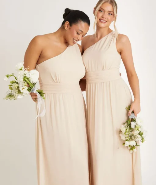 One Shoulder Pleated Waist Chiffon Bridesmaid Dress - Butter Cream