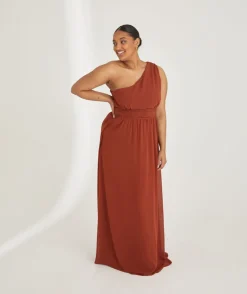 One Shoulder Pleated Waist Chiffon Bridesmaid Dress - Rust