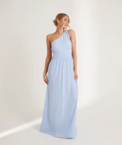 One Shoulder Pleated Waist Chiffon Bridesmaid Dress - Cornflower Blue