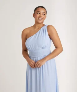 One Shoulder Pleated Waist Chiffon Bridesmaid Dress - Cornflower Blue