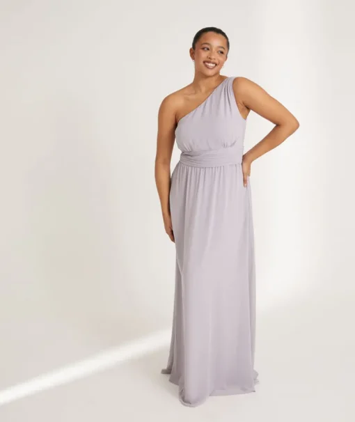 One Shoulder Pleated Waist Chiffon Bridesmaid Dress - Dusty Lilac