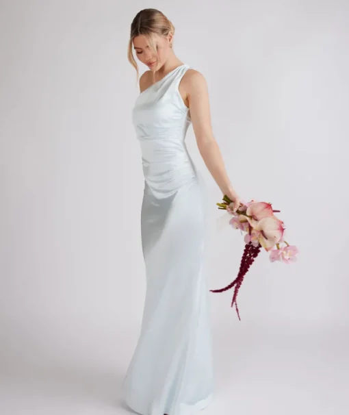 One Shoulder Ruched Satin Bridesmaid Dress - Ice Blue