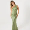 One Shoulder Satin Ruched Bridesmaid Dress - Moss Green