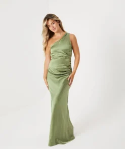 One Shoulder Satin Ruched Bridesmaid Dress - Moss Green