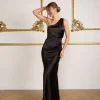 One Shoulder Satin Ruched Bridesmaid Dress - Black