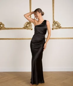 One Shoulder Satin Ruched Bridesmaid Dress - Black