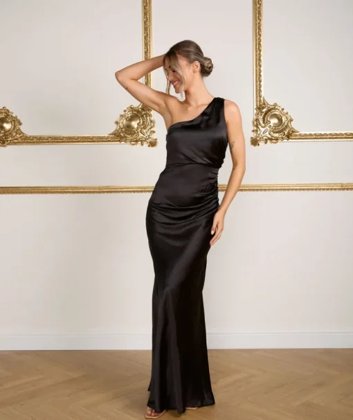 One Shoulder Satin Ruched Bridesmaid Dress - Black