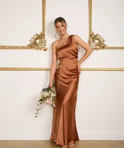 One Shoulder Satin Ruched Bridesmaid Dress - Rust