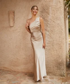 One Shoulder Satin Ruched Bridesmaid Dress - Champagne