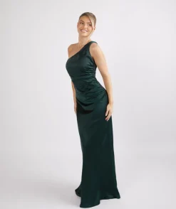 One Shoulder Satin Ruched Bridesmaid Dress - Emerald
