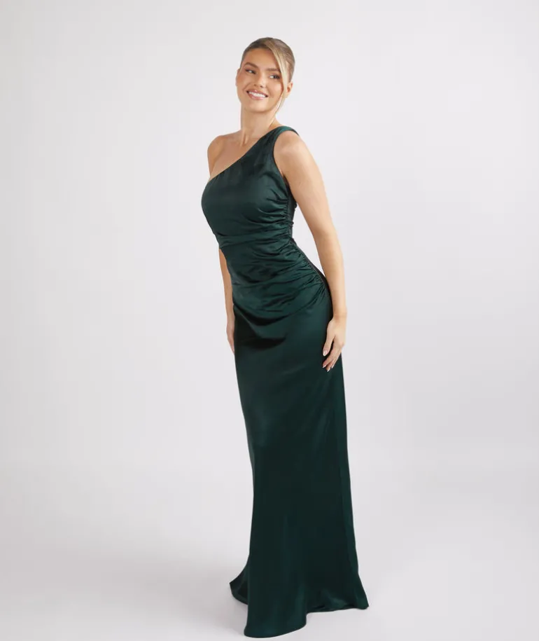 One Shoulder Satin Ruched Bridesmaid Dress - Emerald