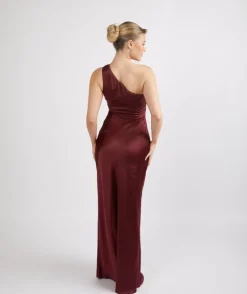 One Shoulder Satin Ruched Bridesmaid Dress - Deep Wine