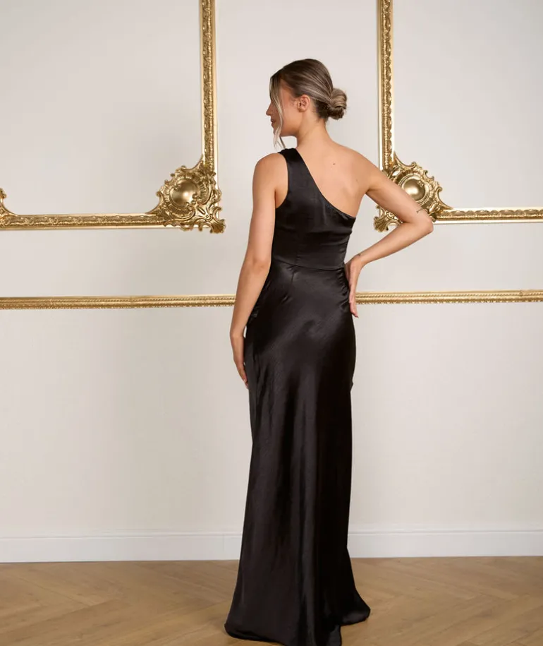 One Shoulder Satin Ruched Bridesmaid Dress - Black