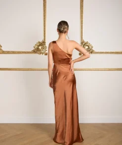 One Shoulder Satin Ruched Bridesmaid Dress - Rust