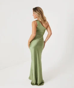 One Shoulder Satin Ruched Bridesmaid Dress - Moss Green