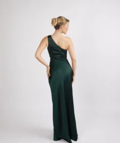 One Shoulder Satin Ruched Bridesmaid Dress - Emerald
