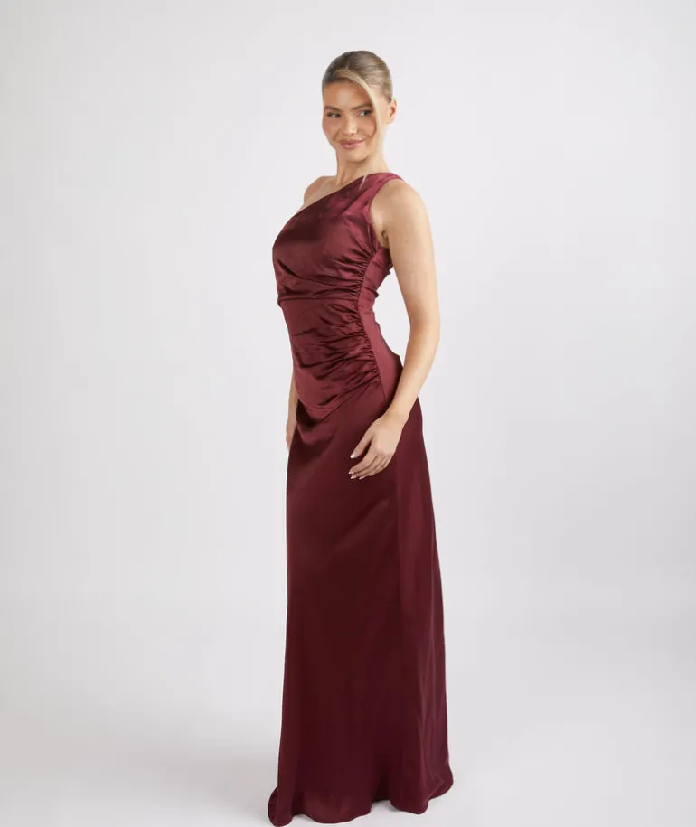 One Shoulder Satin Ruched Bridesmaid Dress - Deep Wine