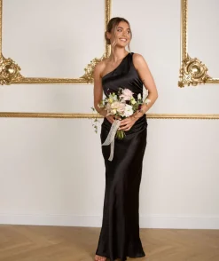 One Shoulder Satin Ruched Bridesmaid Dress - Black